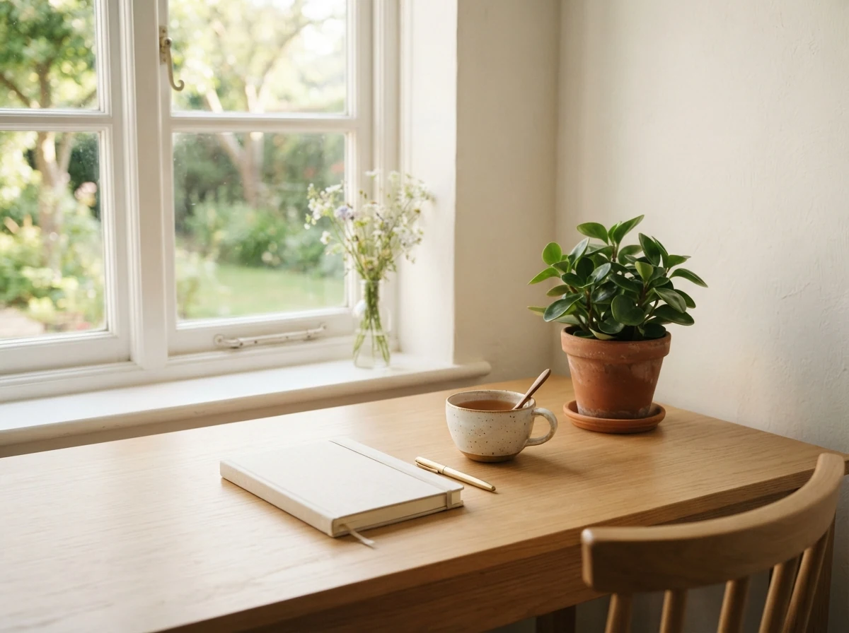 Professional workspace with plants and notebooks